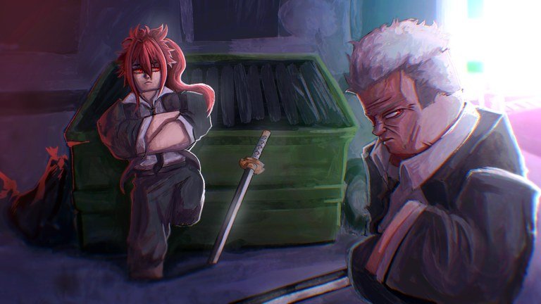 Two Kabuki characters facing off beside a skip in a neon lit back alley