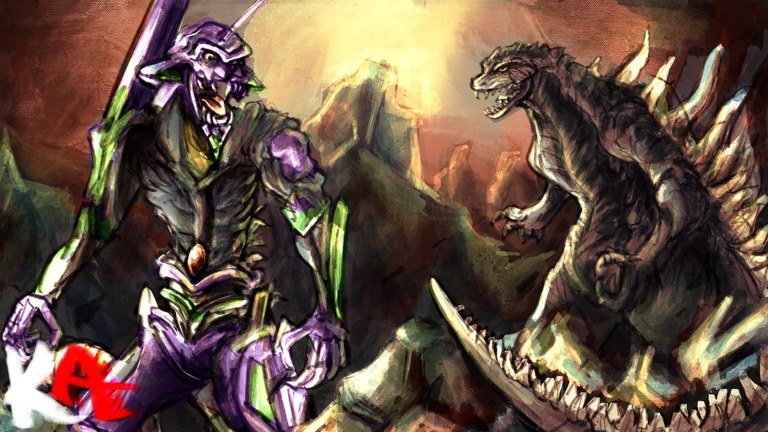 A purple mech facing a grey kaiju across a rocky valley in Kaiju Alpha