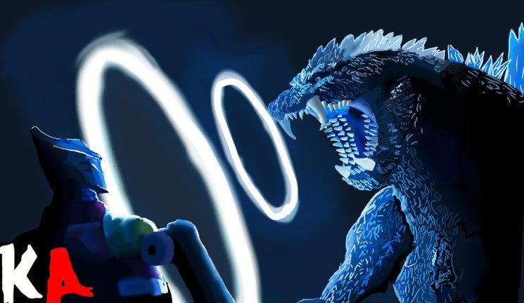 A glowing blue kaiju roaring at a figure holding a light ring in Kaiju Alpha