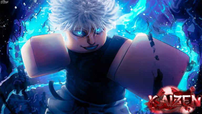 Kaizen artwork of a white-haired sorcerer with glowing blue eyes surrounded by blue energy