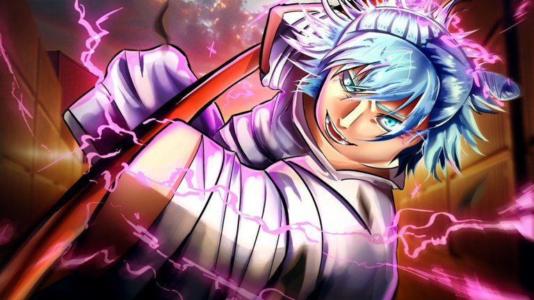 Kaizen artwork of a blue-haired character swinging a red blade through pink lightning