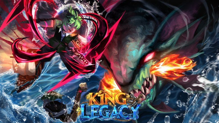 King Legacy artwork of a green-haired fighter in a red cape facing a fire-breathing sea dragon