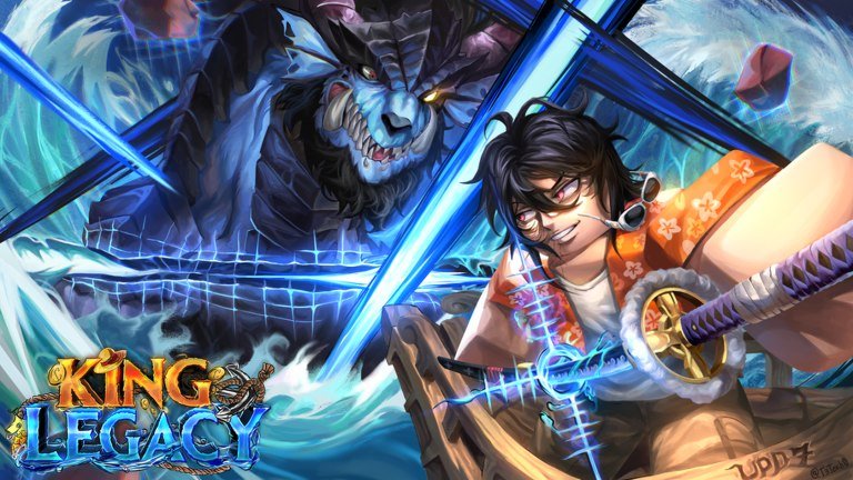 King Legacy artwork of a swordsman in glasses drawing a blade as a shark-like warrior looms behind him