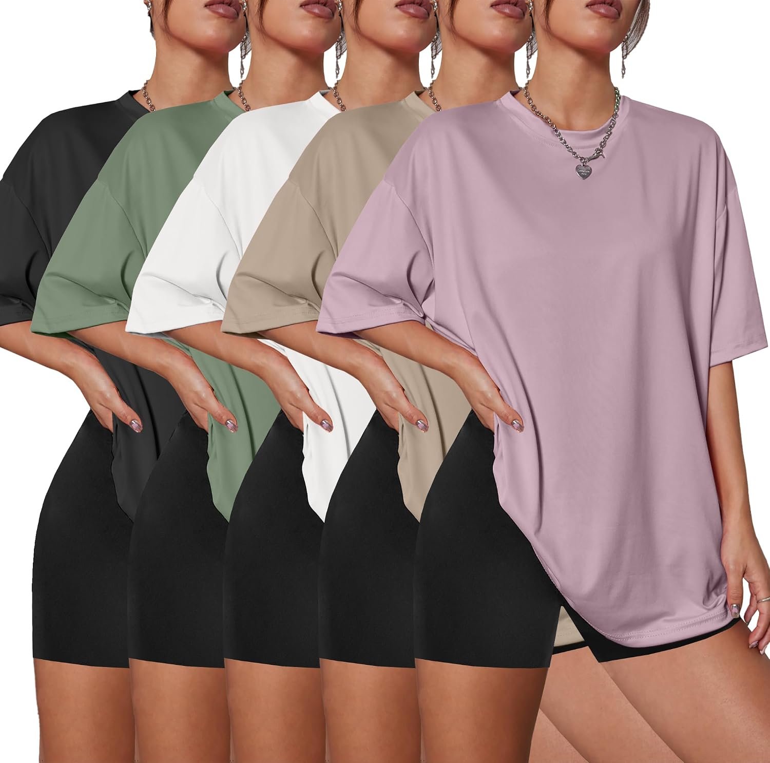 Five Kinglaman oversized t-shirts in black, green, white, taupe and lilac worn over leggings
