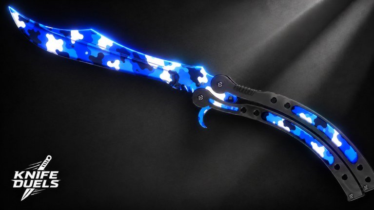 A blue camouflage butterfly knife skin on the KNIFE DUELS banner
