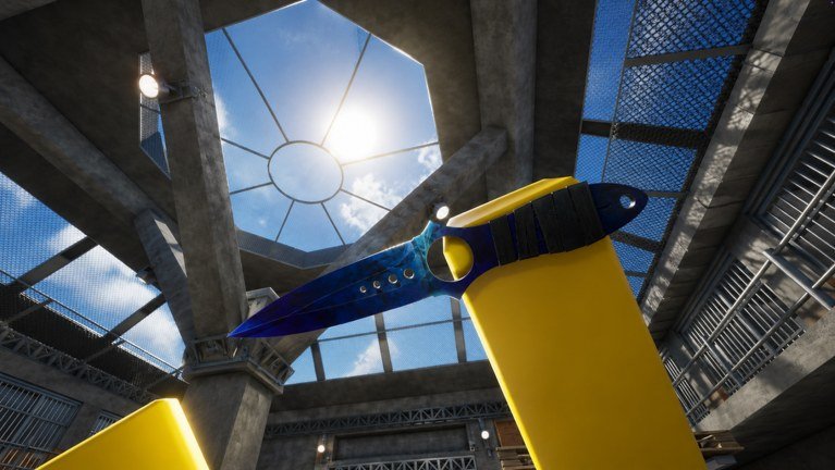 A first person view of a blue knife in a concrete arena in KNIFE DUELS