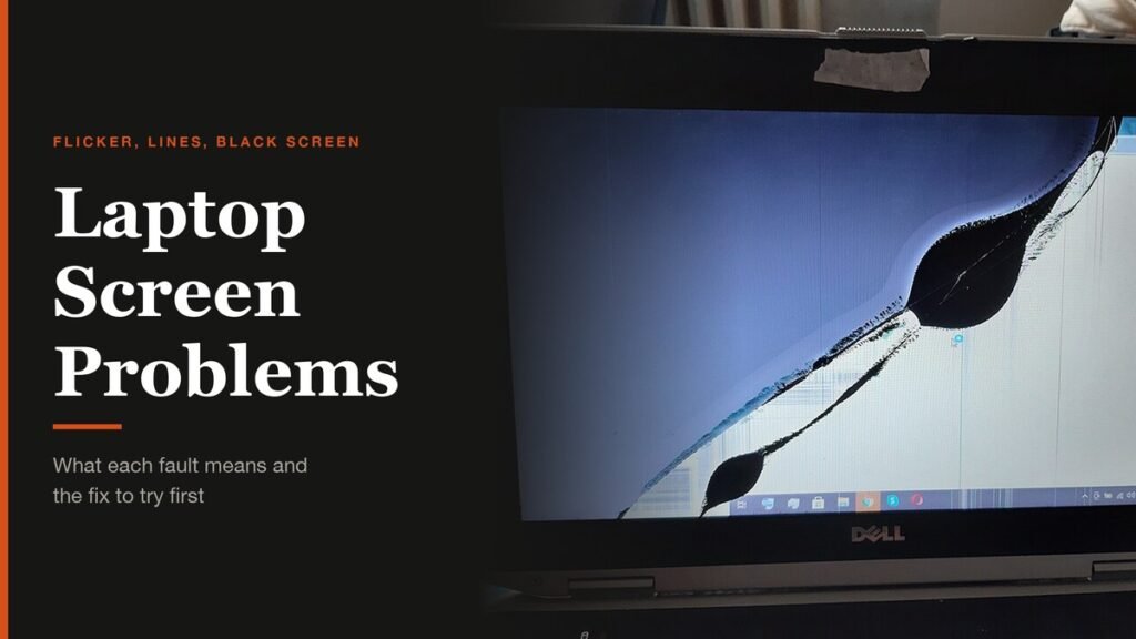 Laptop Screen Problems headline beside a Dell laptop with a cracked, ink-stained LCD