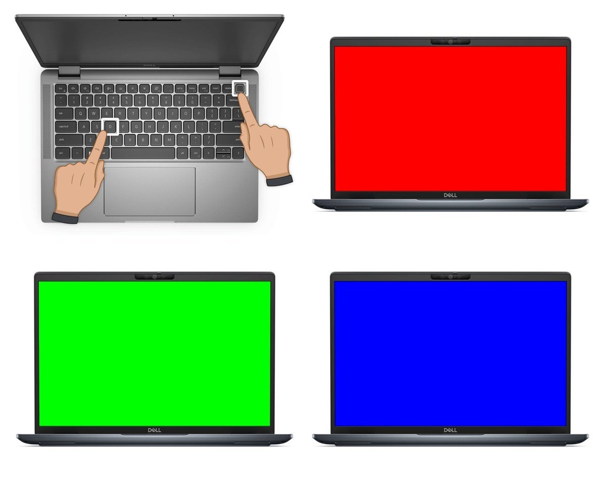 Dell LCD built-in self-test: holding the D key and power button, then the screen filling red, green and blue