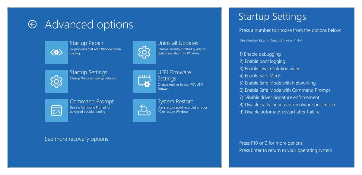 Windows Recovery Advanced options screen with Startup Settings, and the Startup Settings list showing Enable Safe Mode options