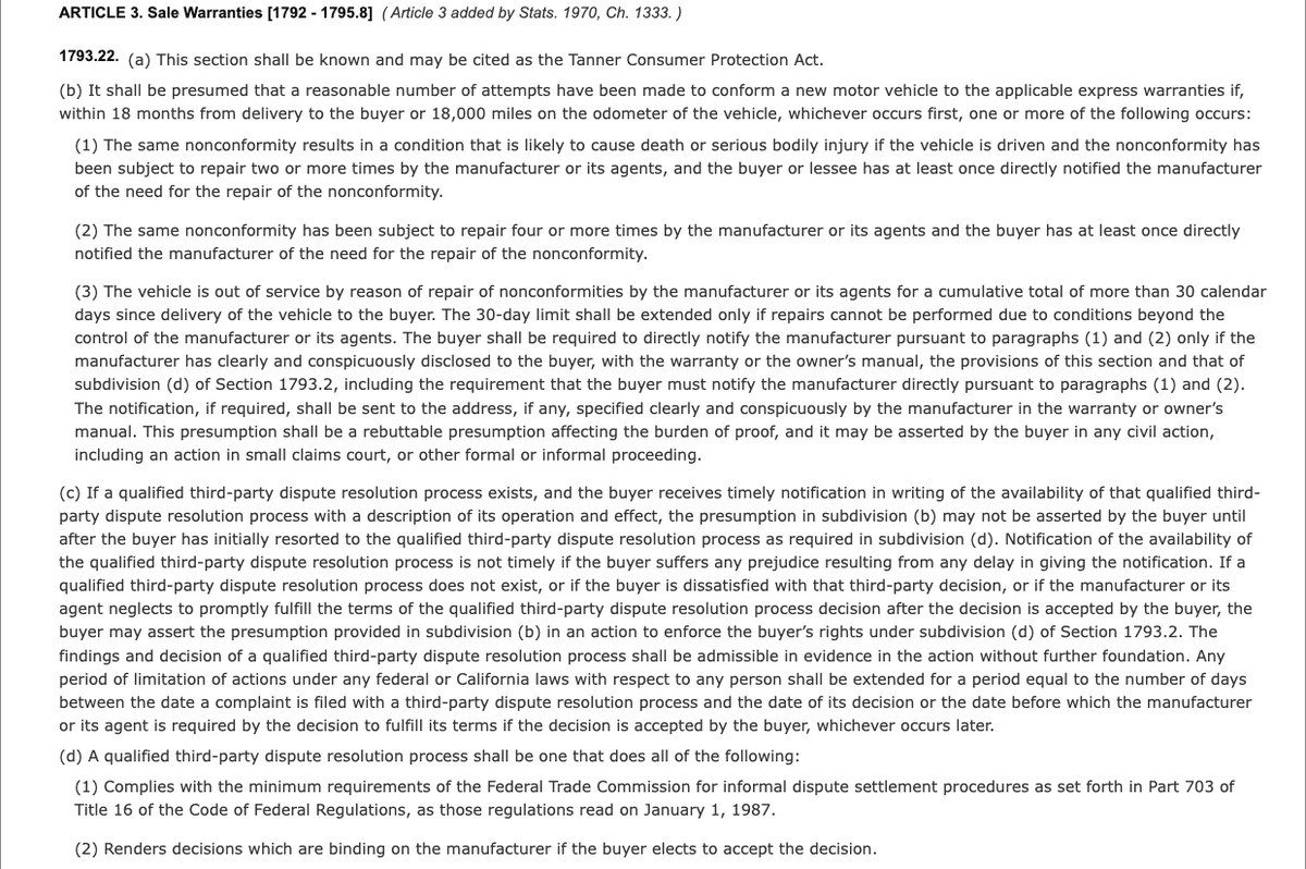 California Civil Code section 1793.22, the Tanner Consumer Protection Act, with its 18-month or 18,000-mile presumption