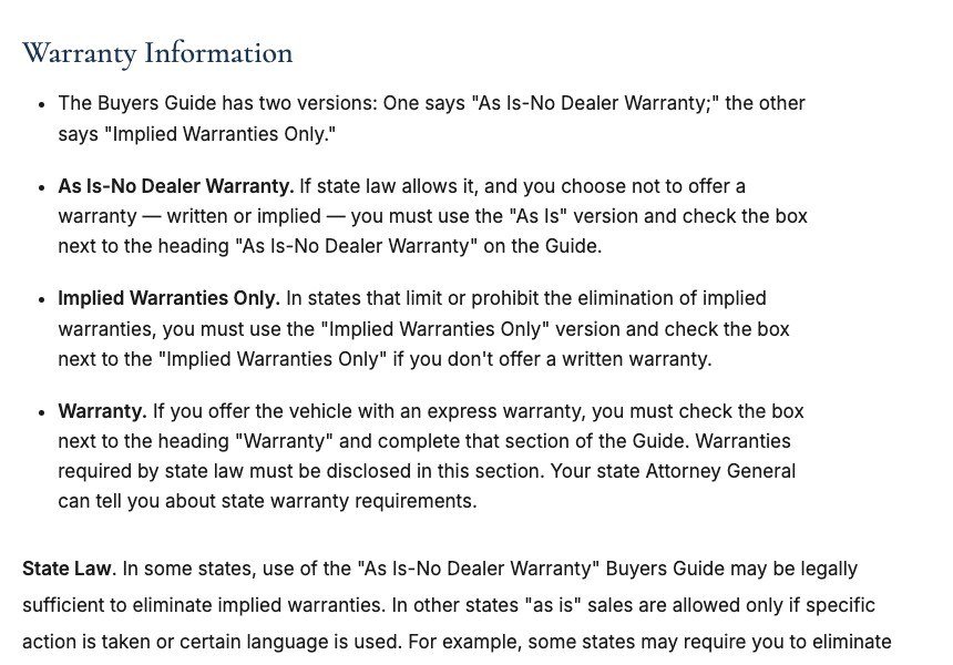 FTC guide to the Used Car Rule explaining the As Is and Implied Warranties Only versions of the Buyers Guide