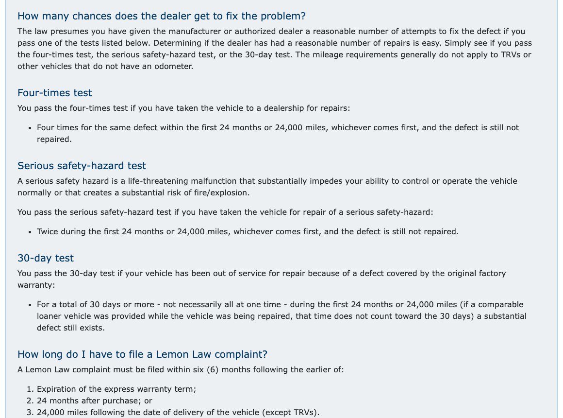 Texas DMV page listing the four-times, serious safety hazard and 30-day tests and the six-month filing deadline