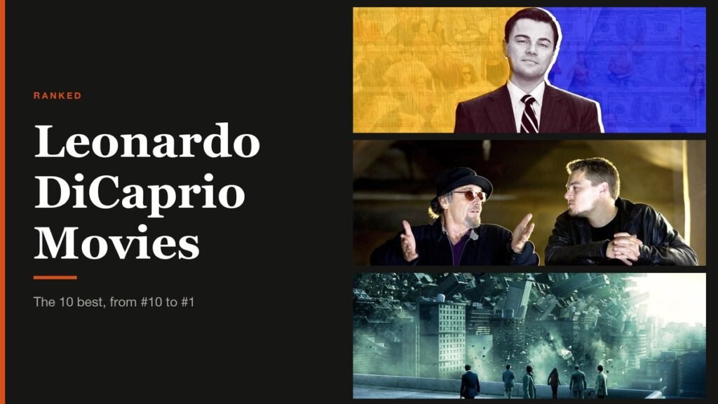 Leonardo Dicaprio Movies headline beside stills from Leonardo DiCaprio films