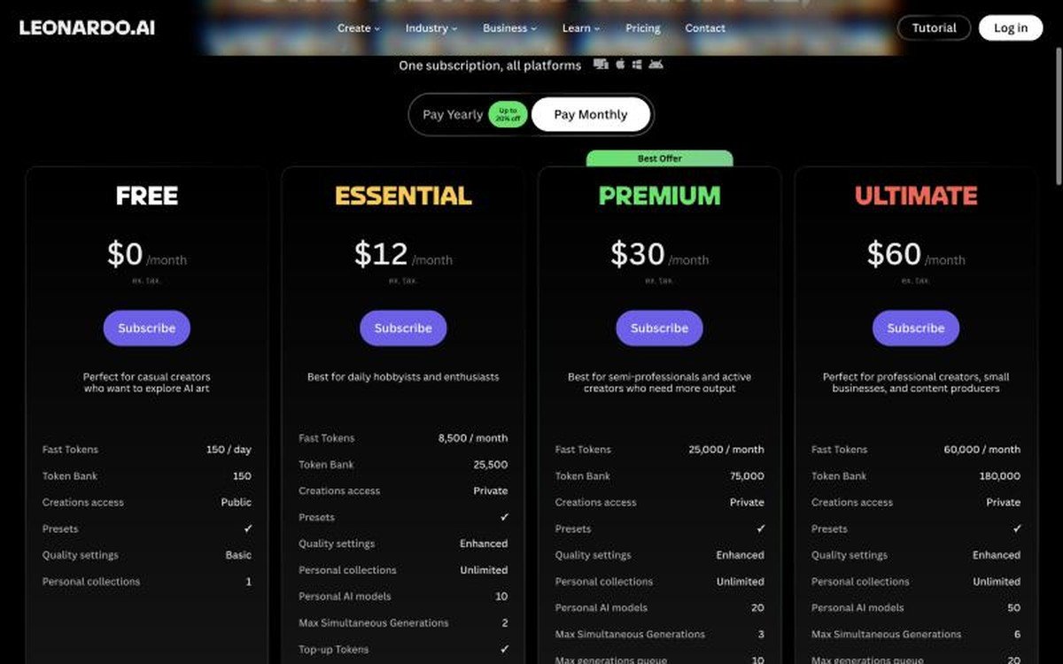Leonardo.Ai pricing page showing the Free, Essential, Premium and Ultimate plans
