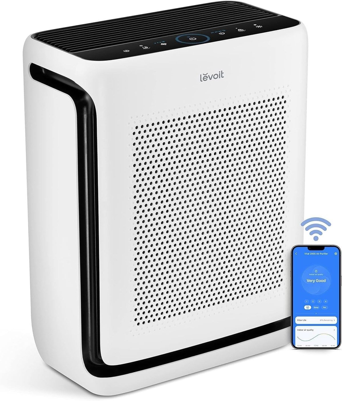 Levoit Vital 200S-P air purifier in white with the VeSync app