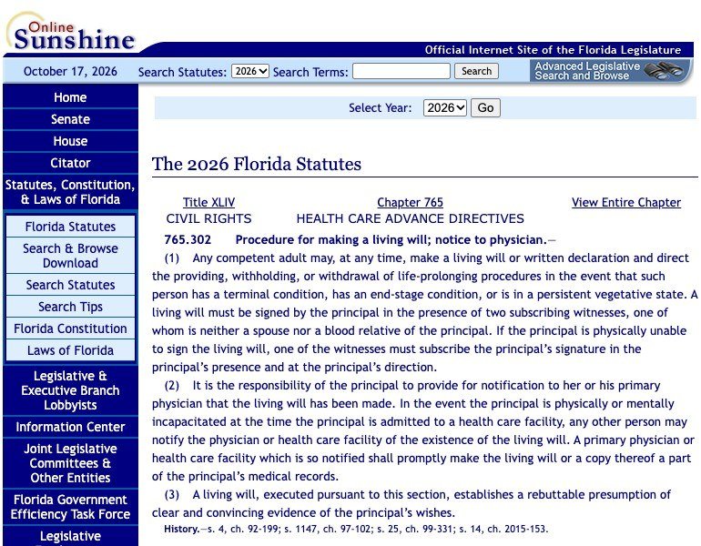 Florida Statutes section 765.302 requiring a living will to be signed before two witnesses