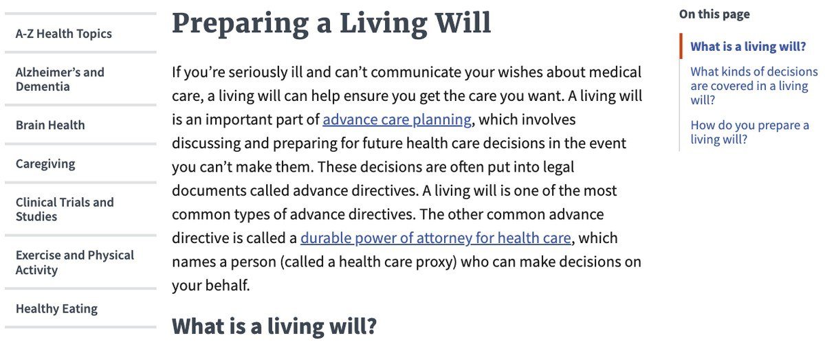National Institute on Aging page explaining that a living will is one of the most common advance directives
