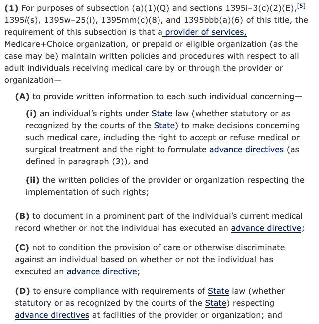 Text of 42 U.S.C. 1395cc(f) requiring providers to record whether a patient has an advance directive