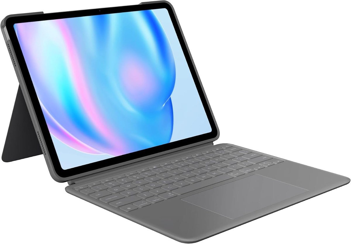 Logitech Combo Touch keyboard case holding a 13-inch iPad Air upright on its kickstand