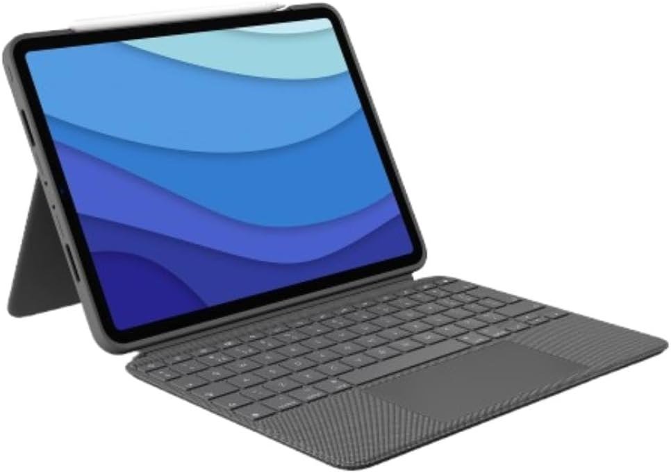 Logitech Combo Touch keyboard case in Oxford Gray holding an 11-inch iPad Pro on its kickstand