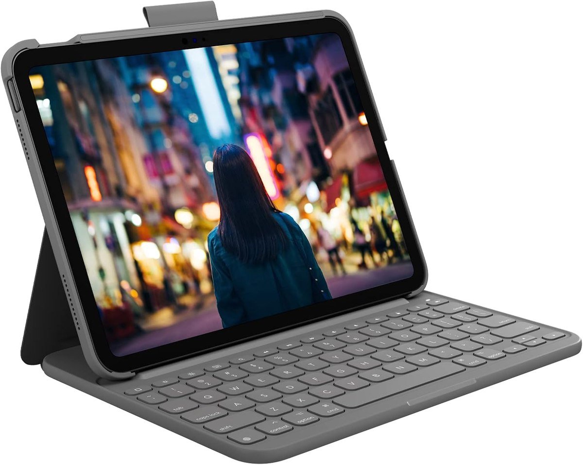 Logitech Slim Folio keyboard case holding a 10th generation iPad upright
