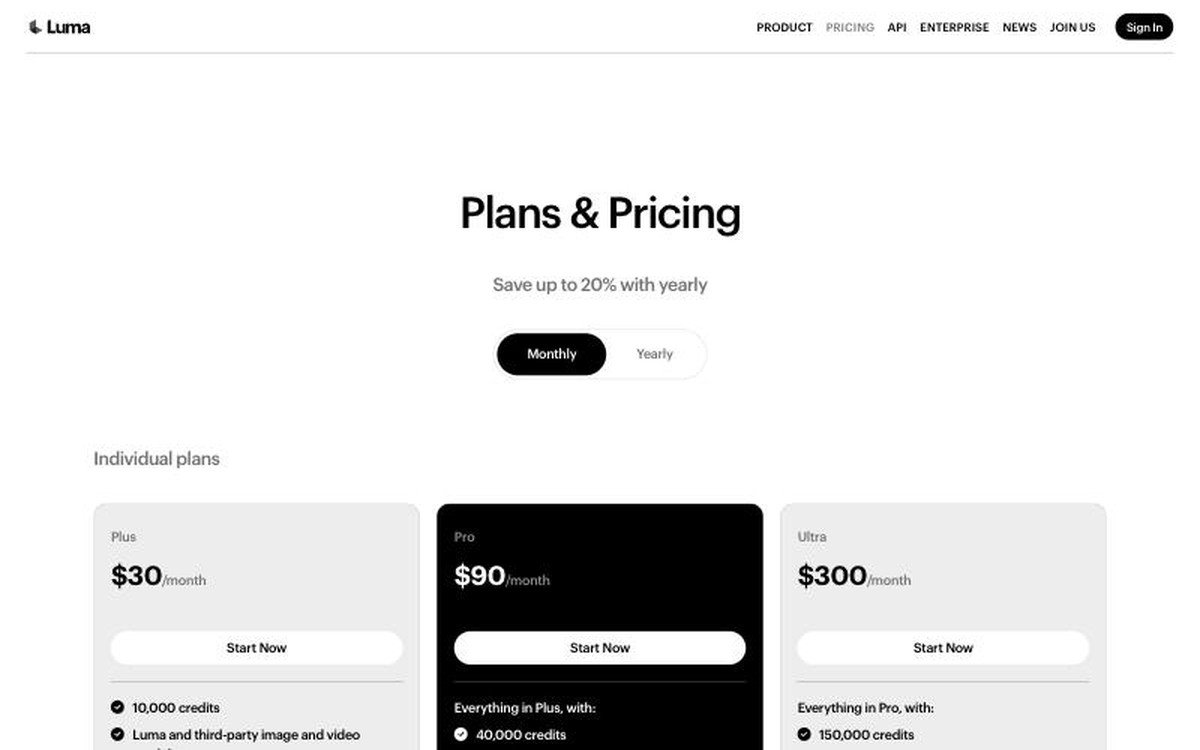 Luma plans and pricing page showing the Plus, Pro and Ultra individual tiers