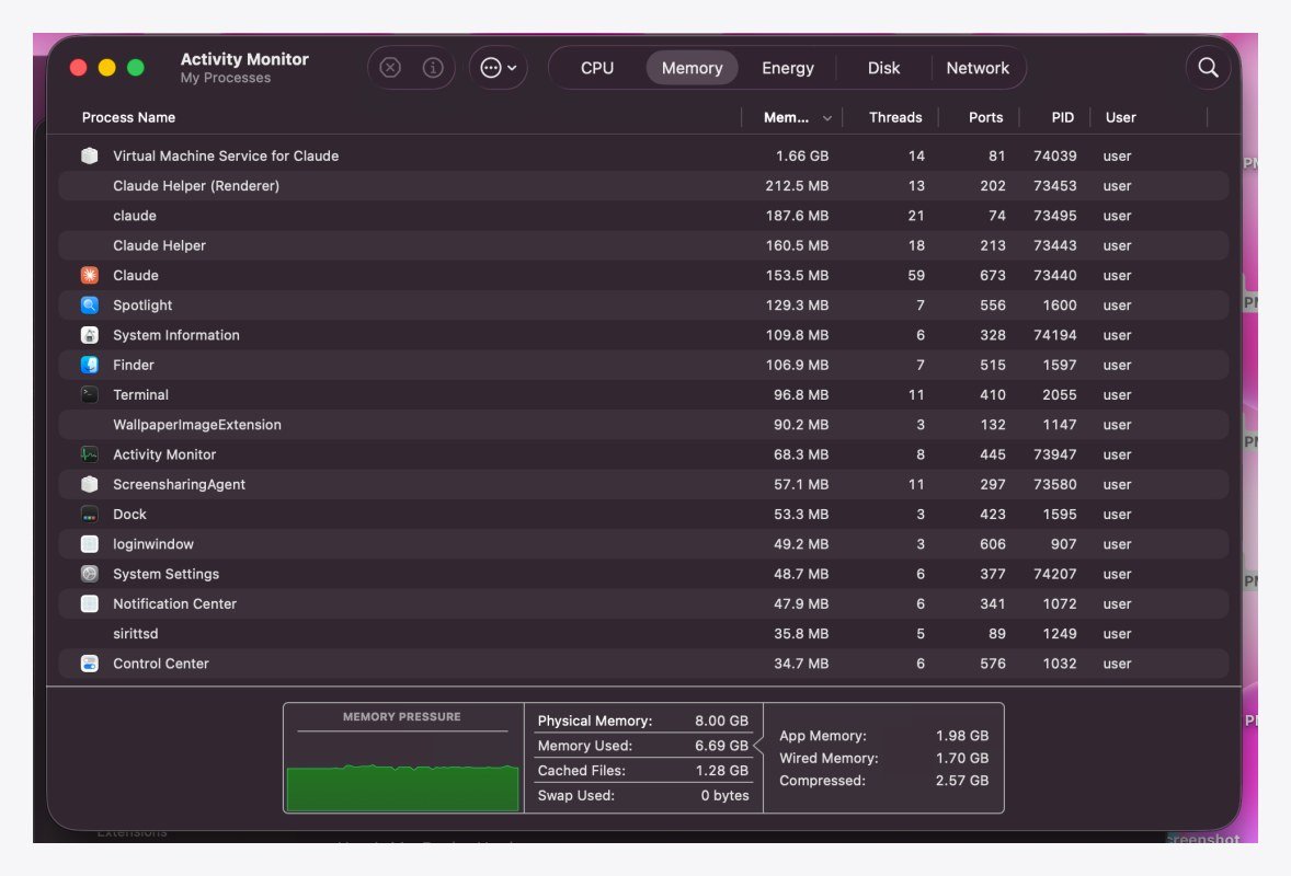 Activity Monitor on the Memory tab showing memory pressure, swap used and the biggest processes