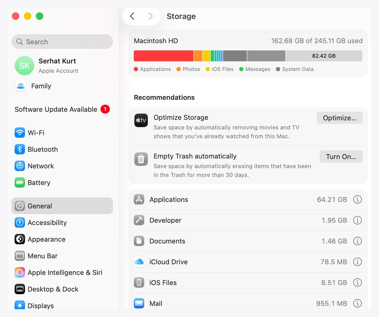 macOS System Settings with General selected in the sidebar and the Storage pane open