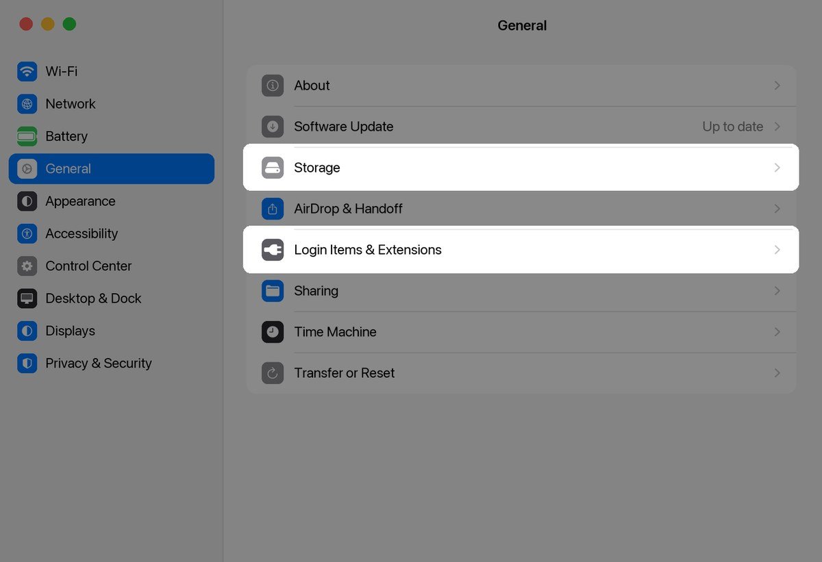 macOS System Settings General pane with Storage and Login Items and Extensions highlighted
