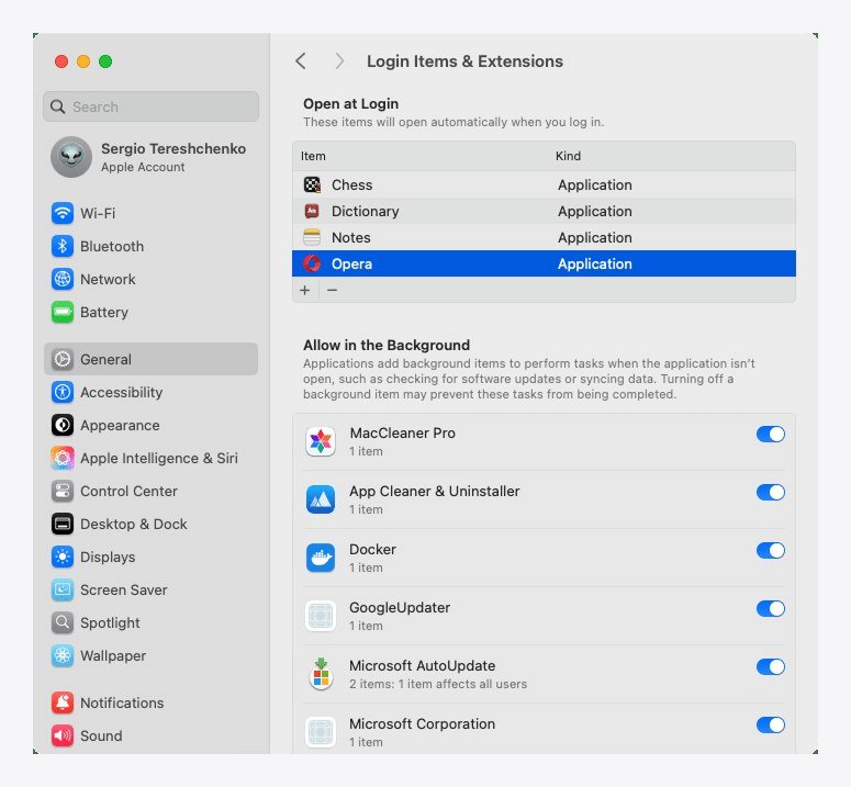 Login Items and Extensions in macOS System Settings showing Open at Login and Allow in the Background