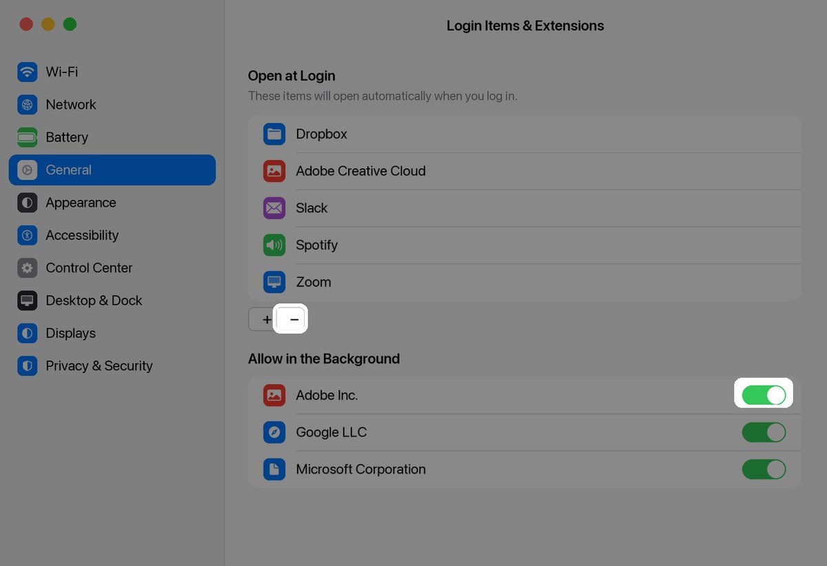 Login Items and Extensions in macOS System Settings showing Open at Login and Allow in the Background