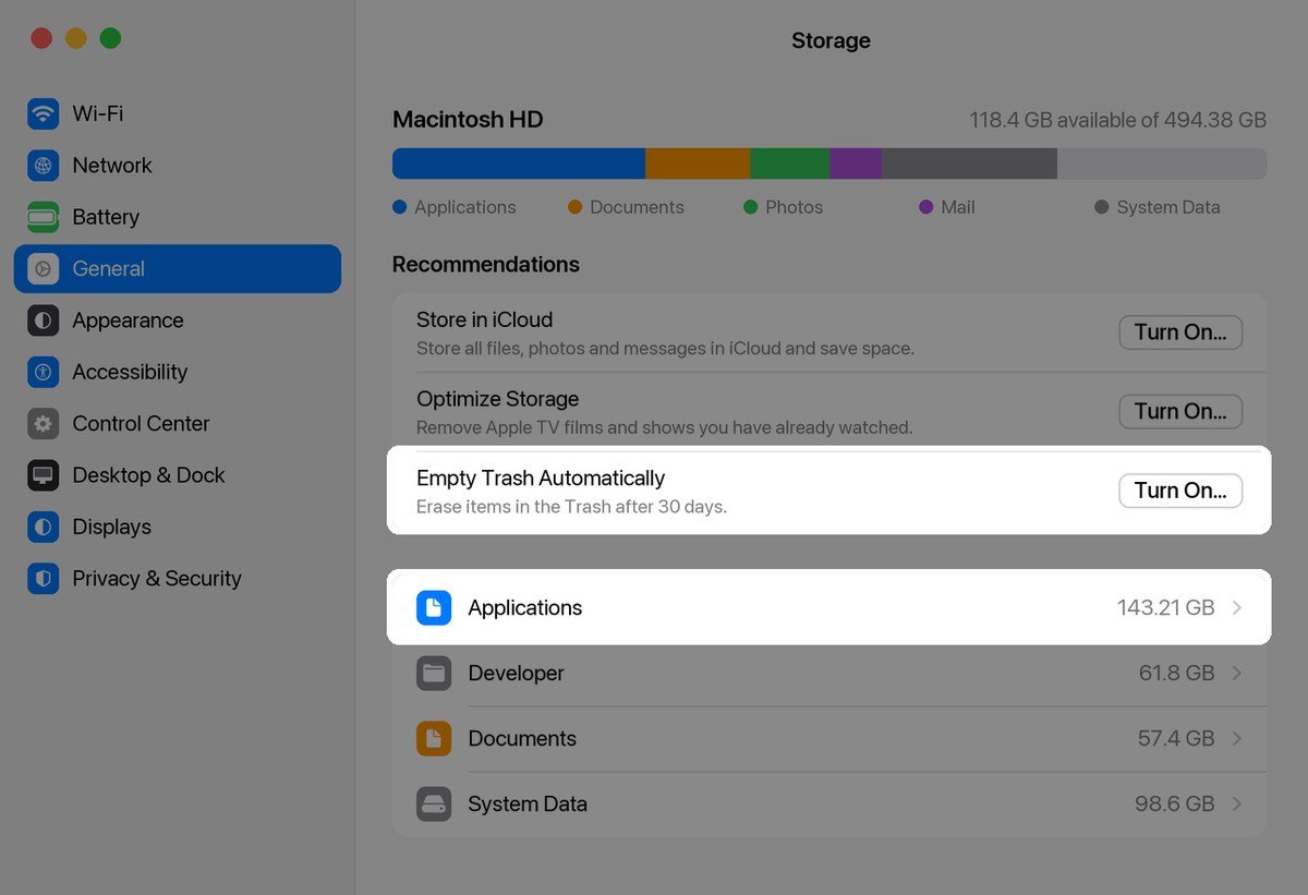 macOS Storage settings showing the capacity bar, recommendations and the Applications category