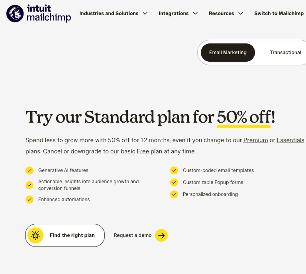 Mailchimp marketing pricing page showing the plan selector and contact brackets