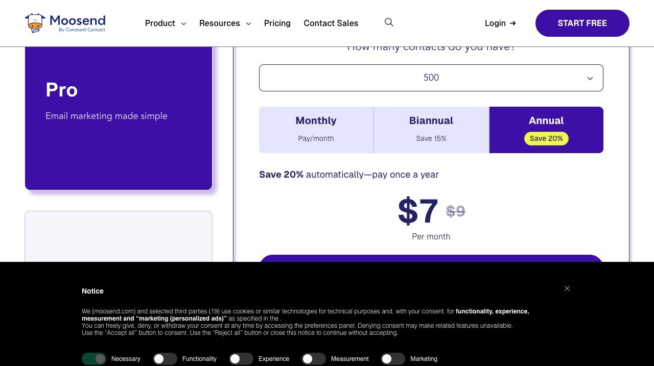 Moosend pricing page showing monthly, biannual and annual billing options