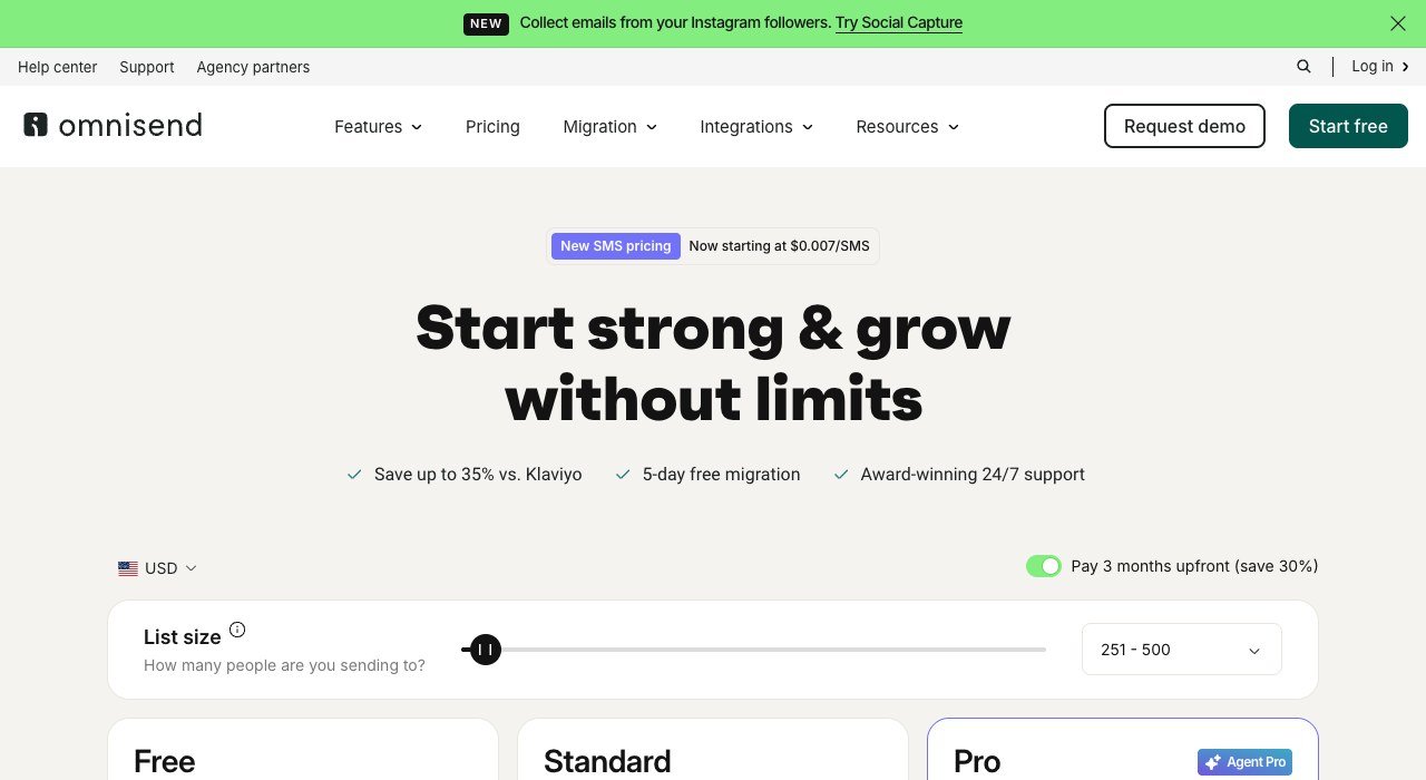 Omnisend pricing page showing the Free, Standard and Pro plans