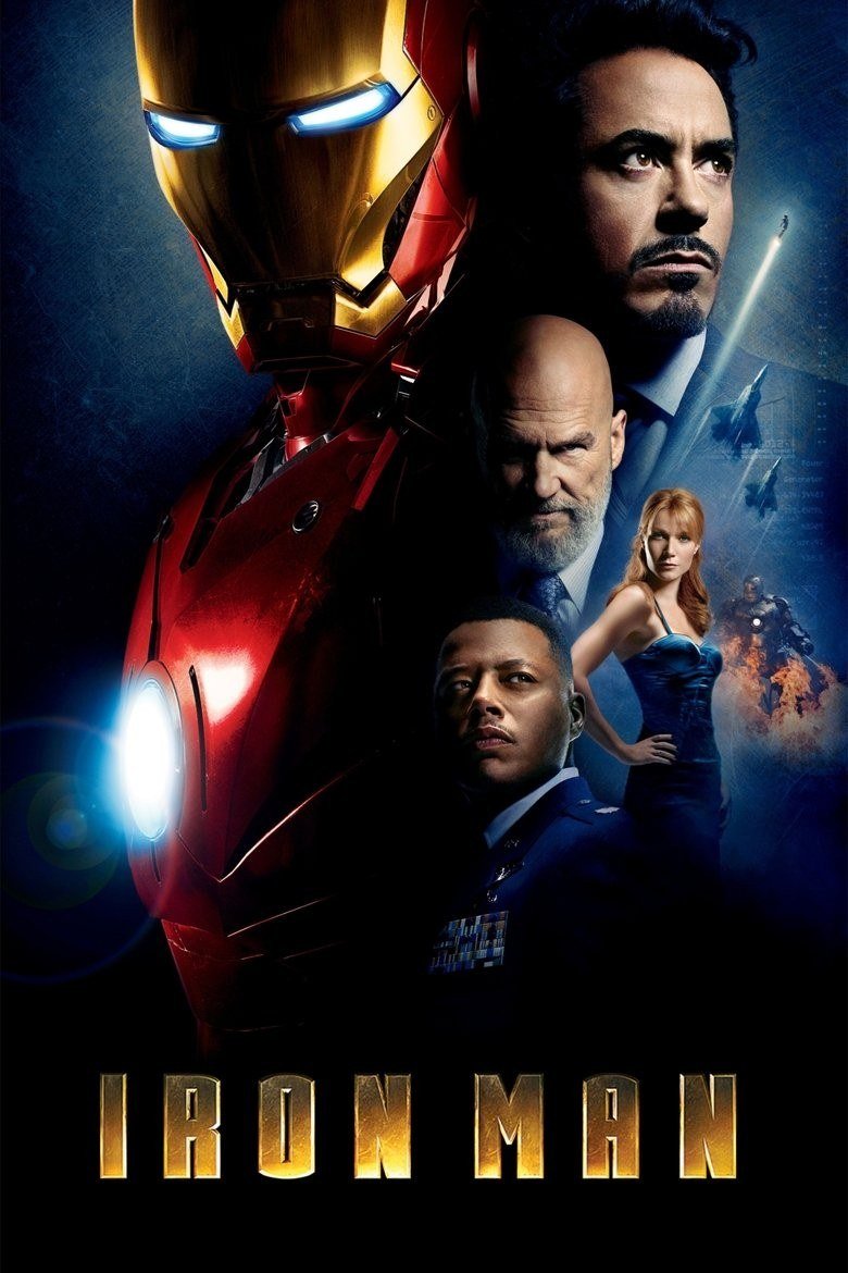 Iron Man theatrical poster with the red and gold armor, Tony Stark and the supporting cast