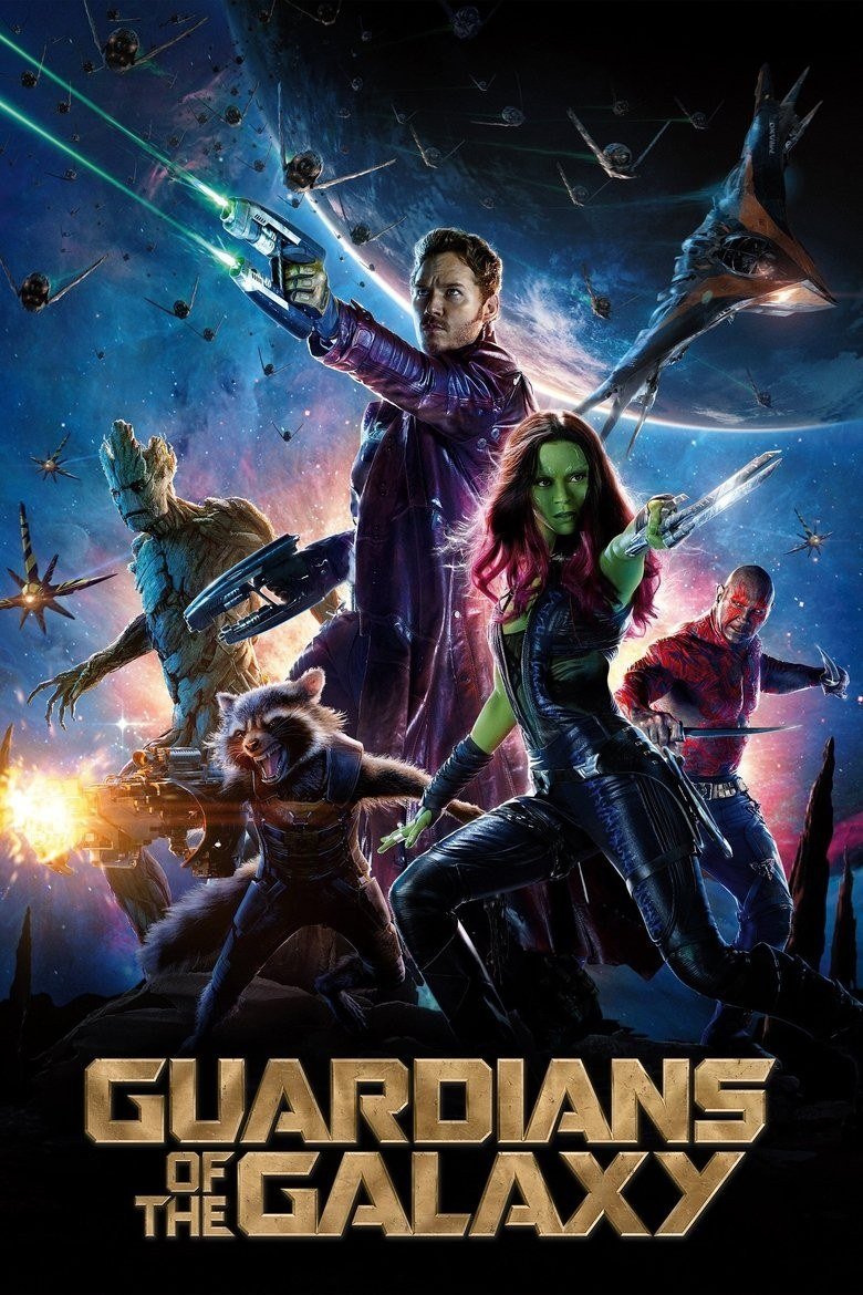 Guardians of the Galaxy poster with the five Guardians in deep space