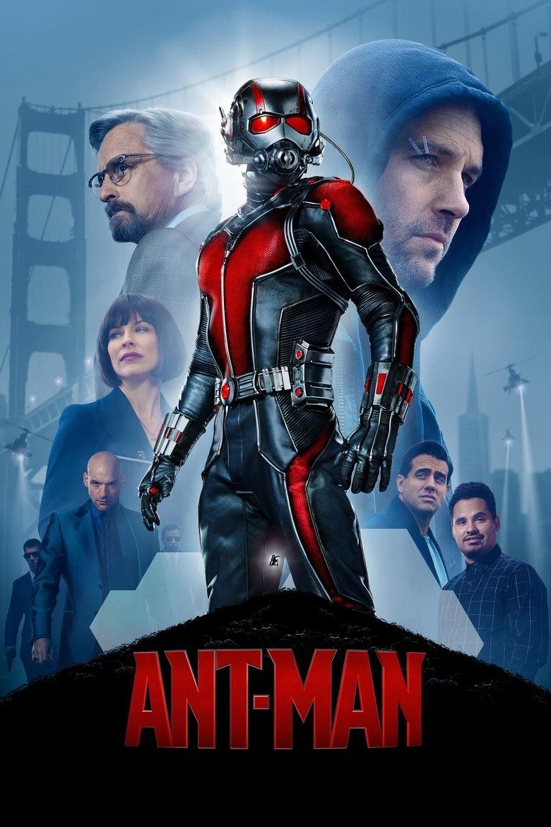 Ant-Man poster with Scott Lang in the suit beside Hank Pym and Hope van Dyne