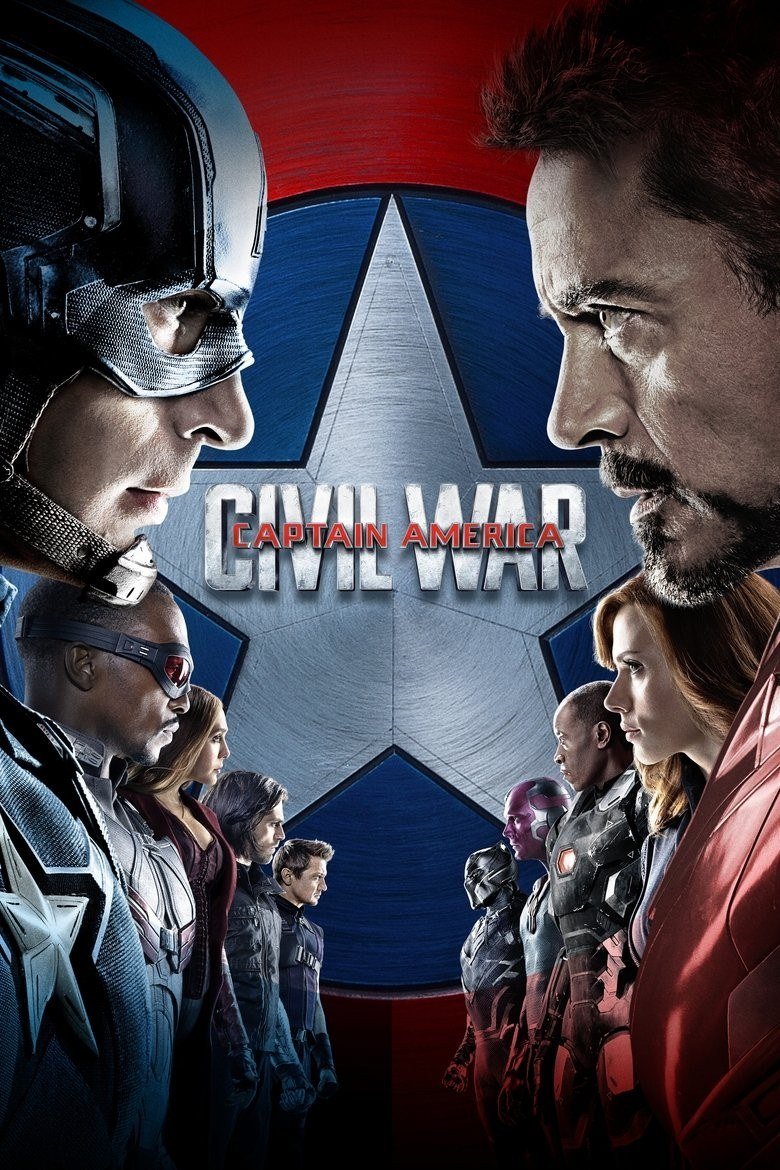 Captain America: Civil War poster with Captain America and Iron Man facing off over the shield emblem