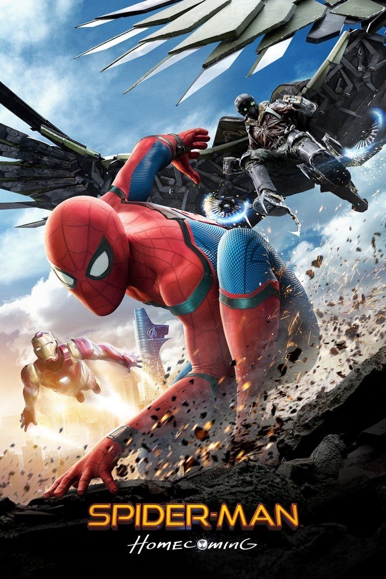 Spider-Man: Homecoming poster with Spider-Man crouched below the Vulture and Iron Man