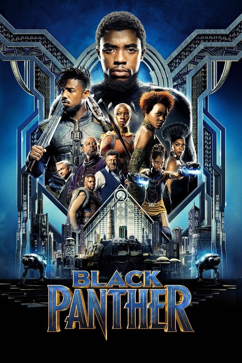 Black Panther poster with T'Challa above Killmonger and the Wakandan cast