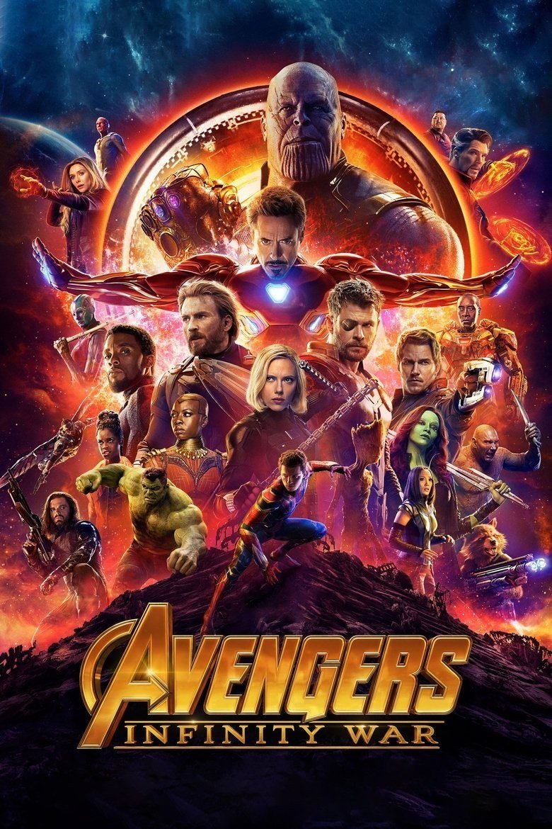 Avengers: Infinity War poster with Thanos above dozens of assembled heroes