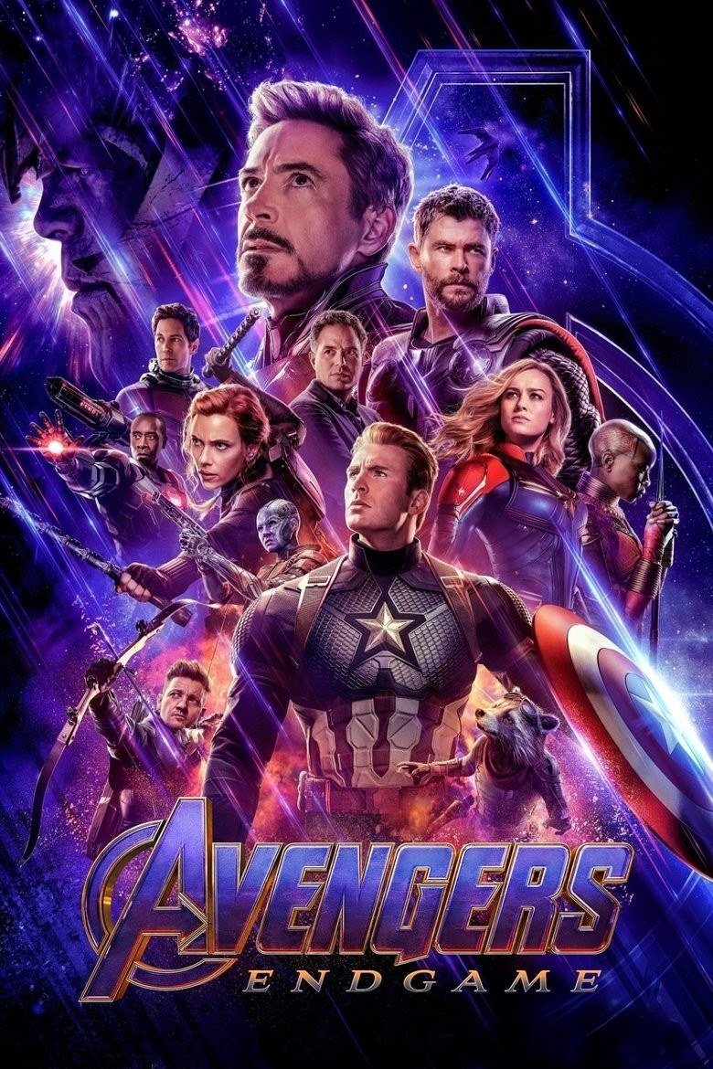 Avengers: Endgame poster with the surviving heroes in purple and blue light