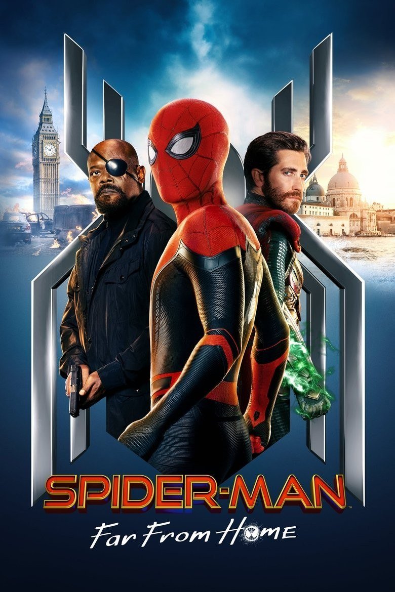 Spider-Man: Far From Home poster with Spider-Man between Nick Fury and Mysterio
