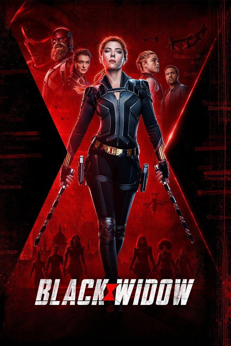 Black Widow poster with Natasha Romanoff in black against a red hourglass