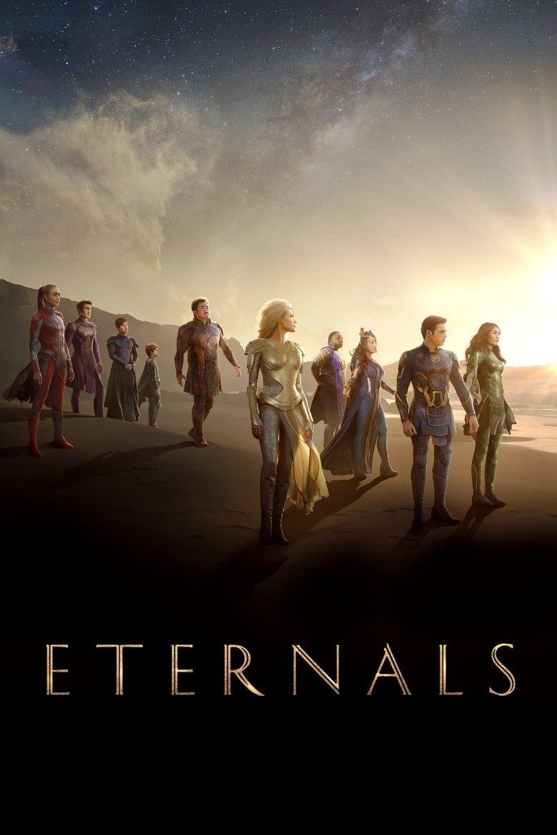 Eternals poster with the Eternals walking across a desert at sunrise
