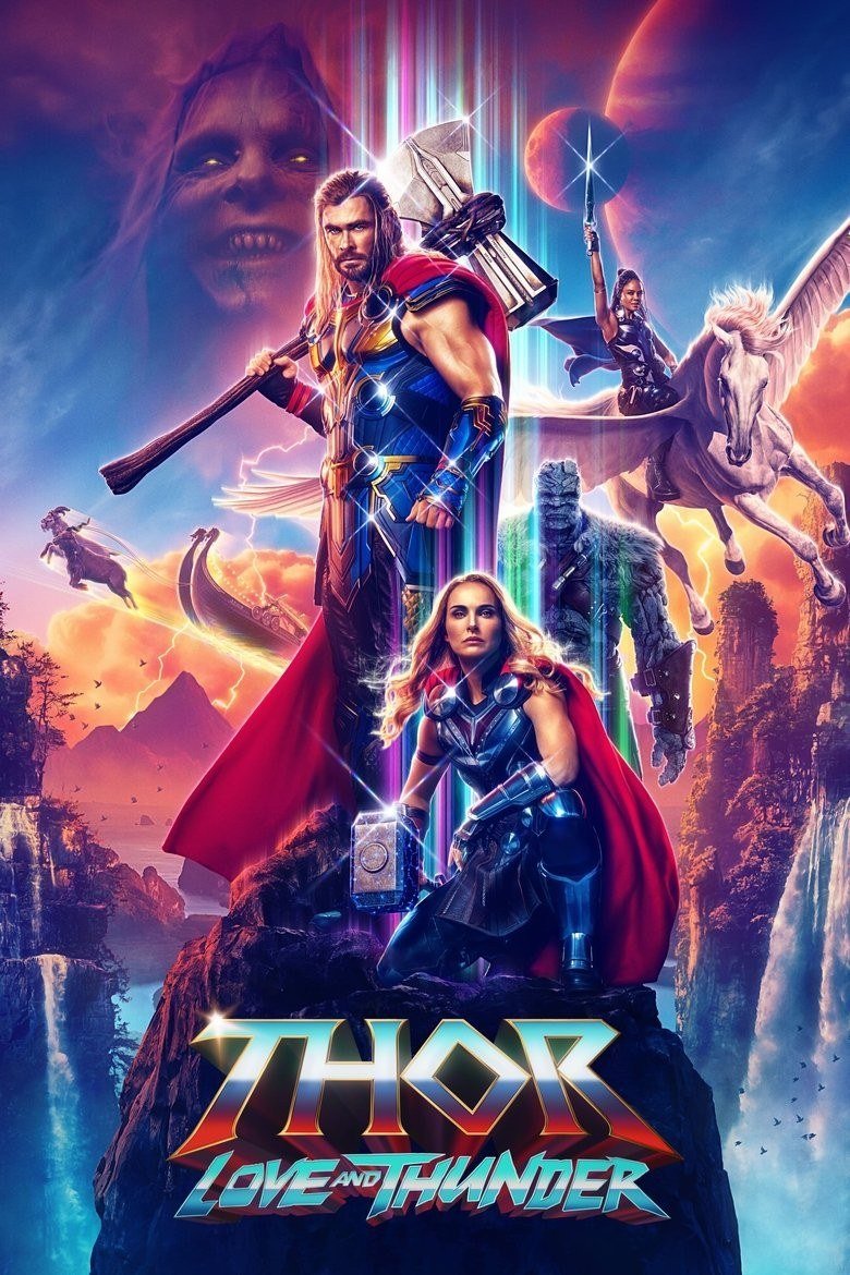 Thor: Love and Thunder poster with Thor, the Mighty Thor and Valkyrie on a pegasus