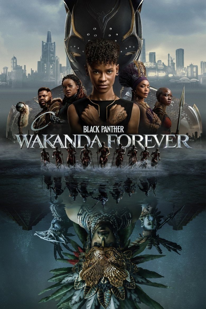 Black Panther: Wakanda Forever poster with Shuri and the Wakandan leaders beneath a panther mask