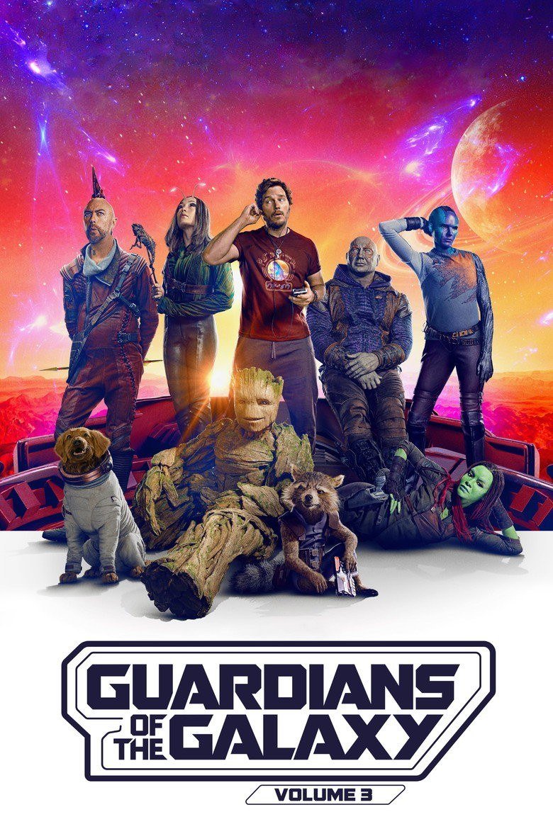 Guardians of the Galaxy Vol. 3 poster with the Guardians and Cosmo posed over the title