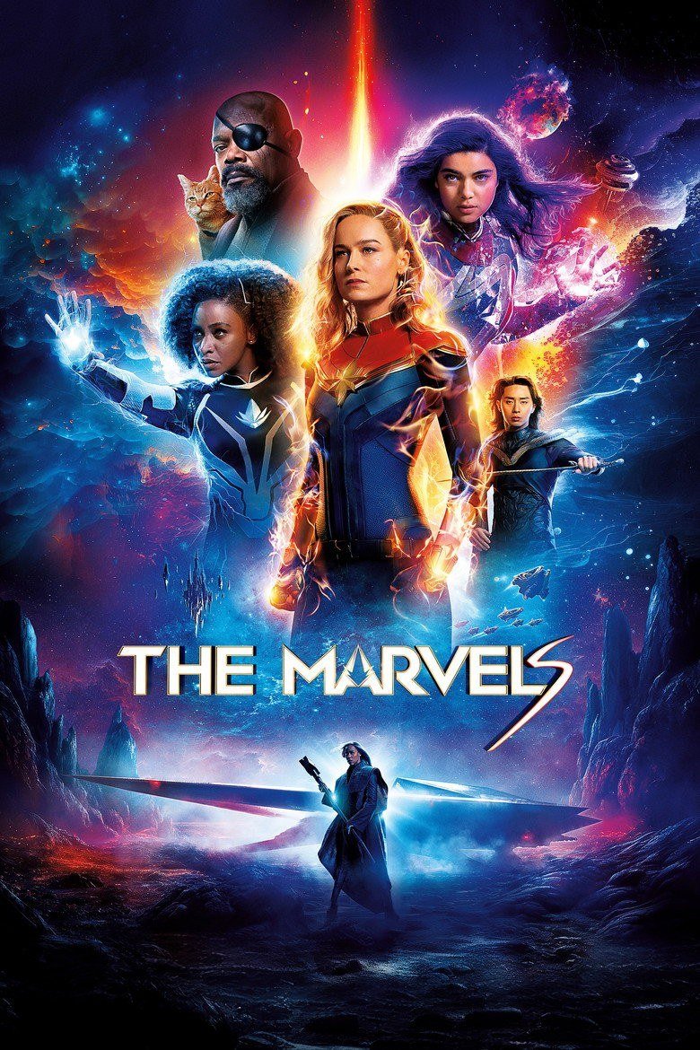 The Marvels poster with Captain Marvel, Monica Rambeau and Ms. Marvel glowing with energy
